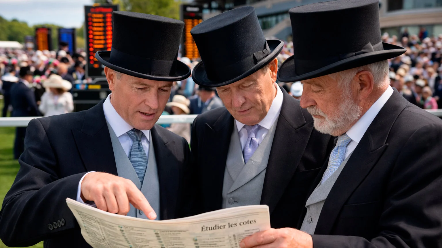Racegoers studying form guides near the Ascot betting ring