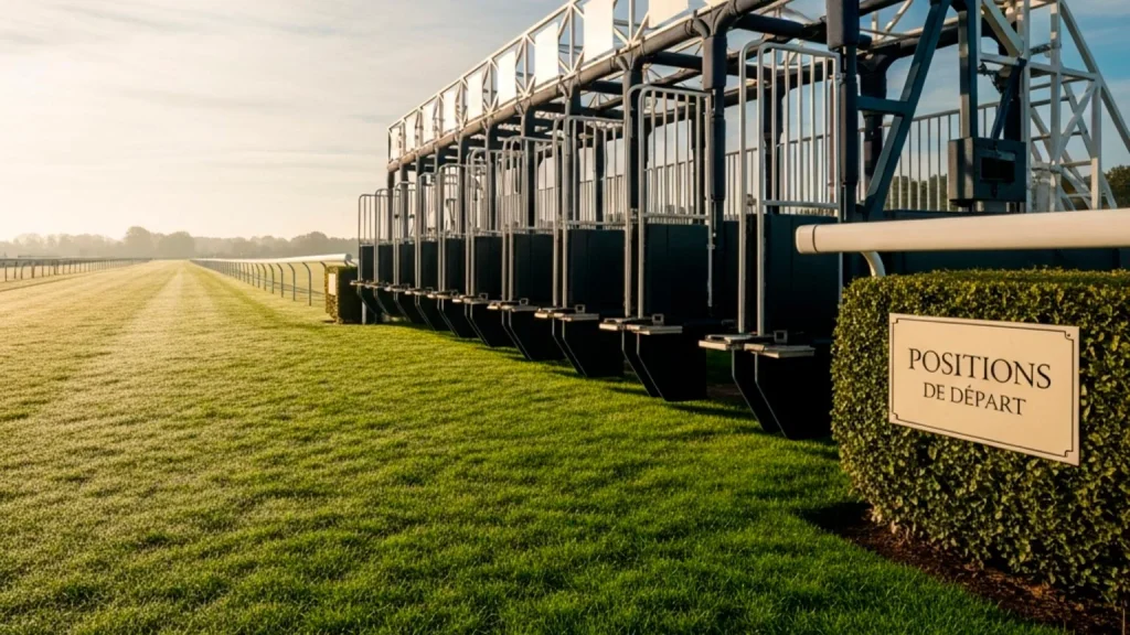 Starting stalls at Ascot racecourse with numbered gates on the flat turf straight course at sunrise