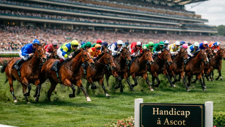 Large field of thoroughbred horses racing neck and neck in an Ascot handicap with crowded grandstands