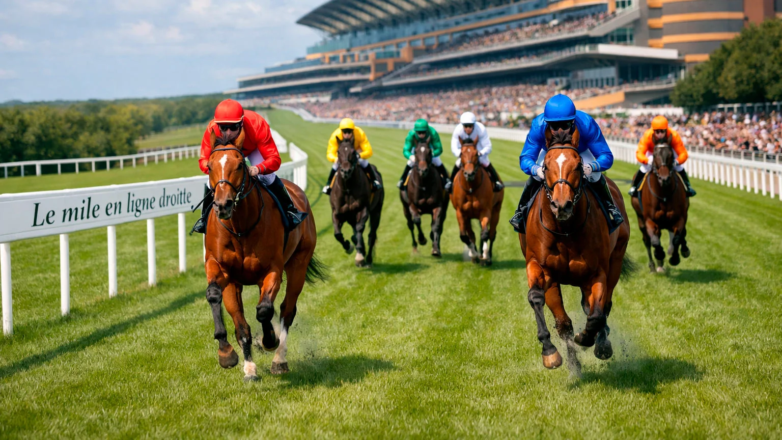 Ascot straight mile course with horses racing towards the finish line
