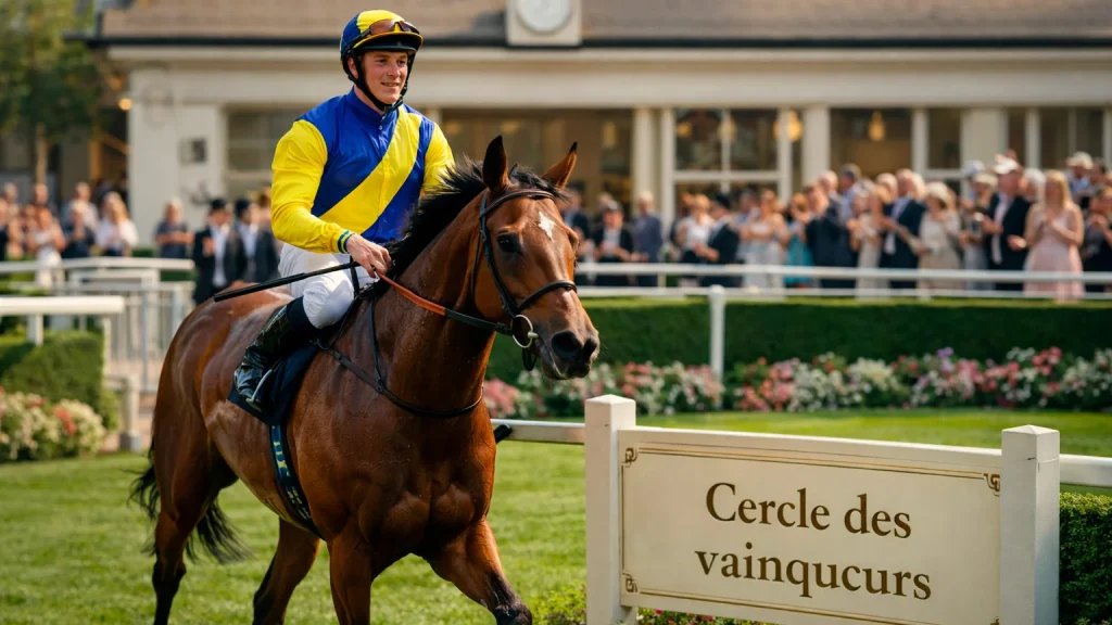 Professional horse racing jockey in colourful silks on thoroughbred entering the Ascot winner's enclosure