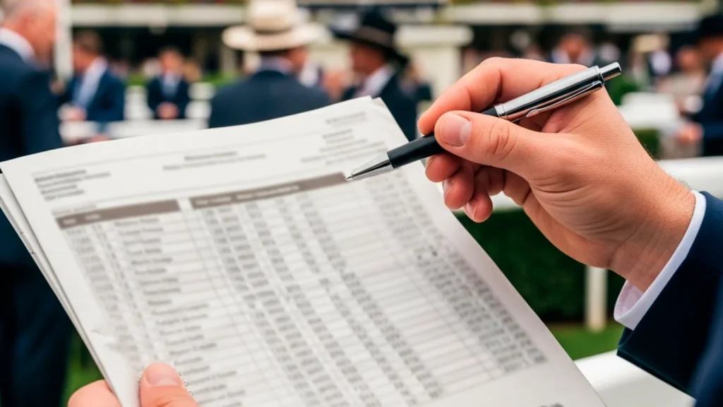 Punter studying a racing form guide with pen in hand at the Ascot racecourse betting ring