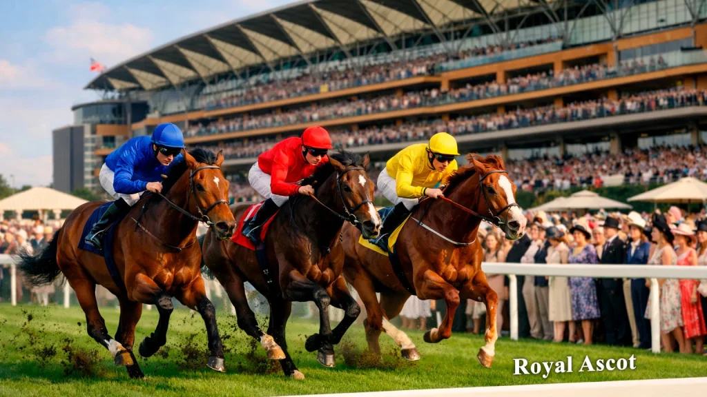 Royal Ascot horse racing festival with elegantly dressed spectators watching thoroughbreds race on the green turf track