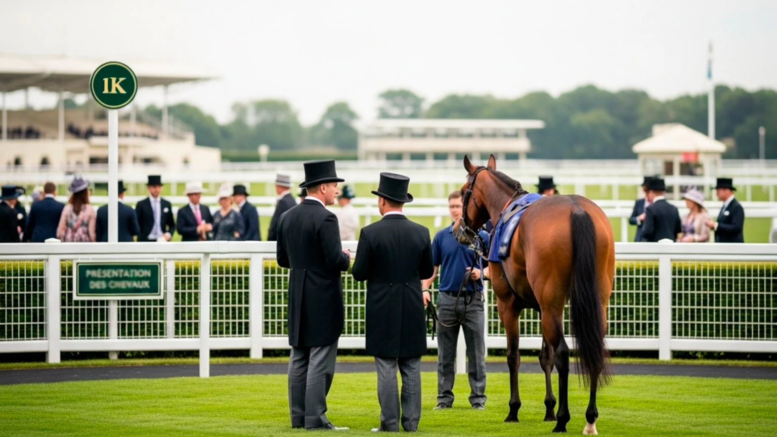 Trainers discussing tactics in the Ascot parade ring before a race